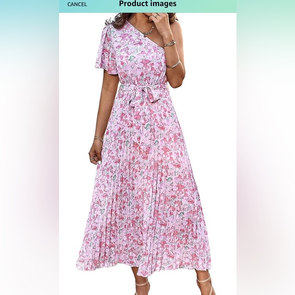 MWT - One Shoulder Pleated Maxi Dress Summer Floral Boho Tie Waist Long Dress - Picture 3 of 11